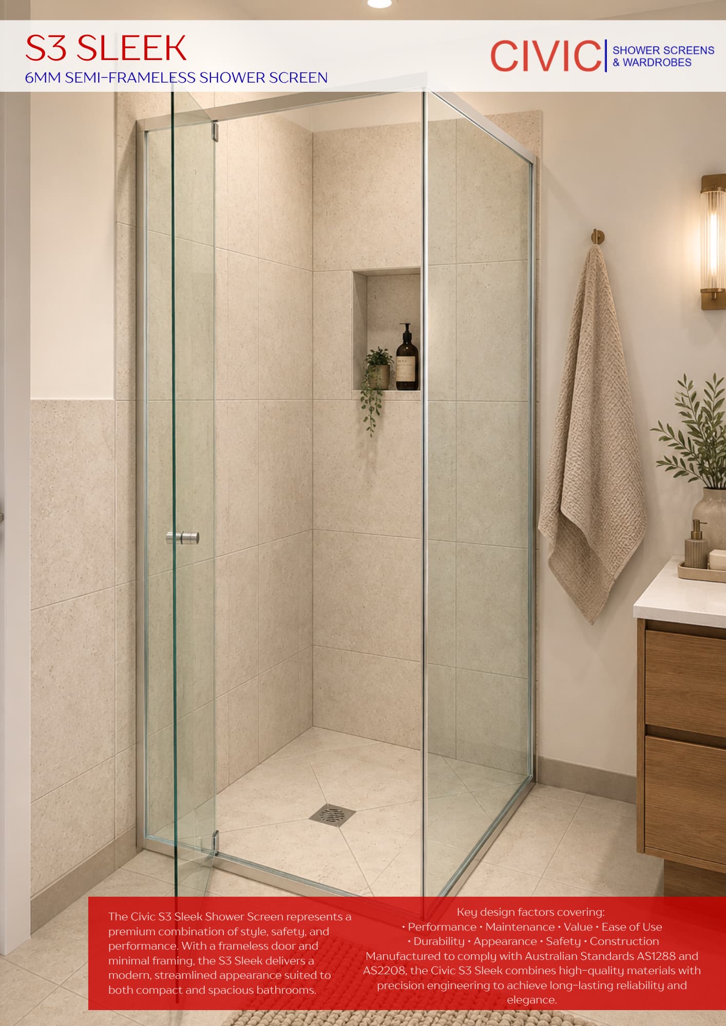 S3 Sleek: 6mm Semi-Frameless Shower Screens